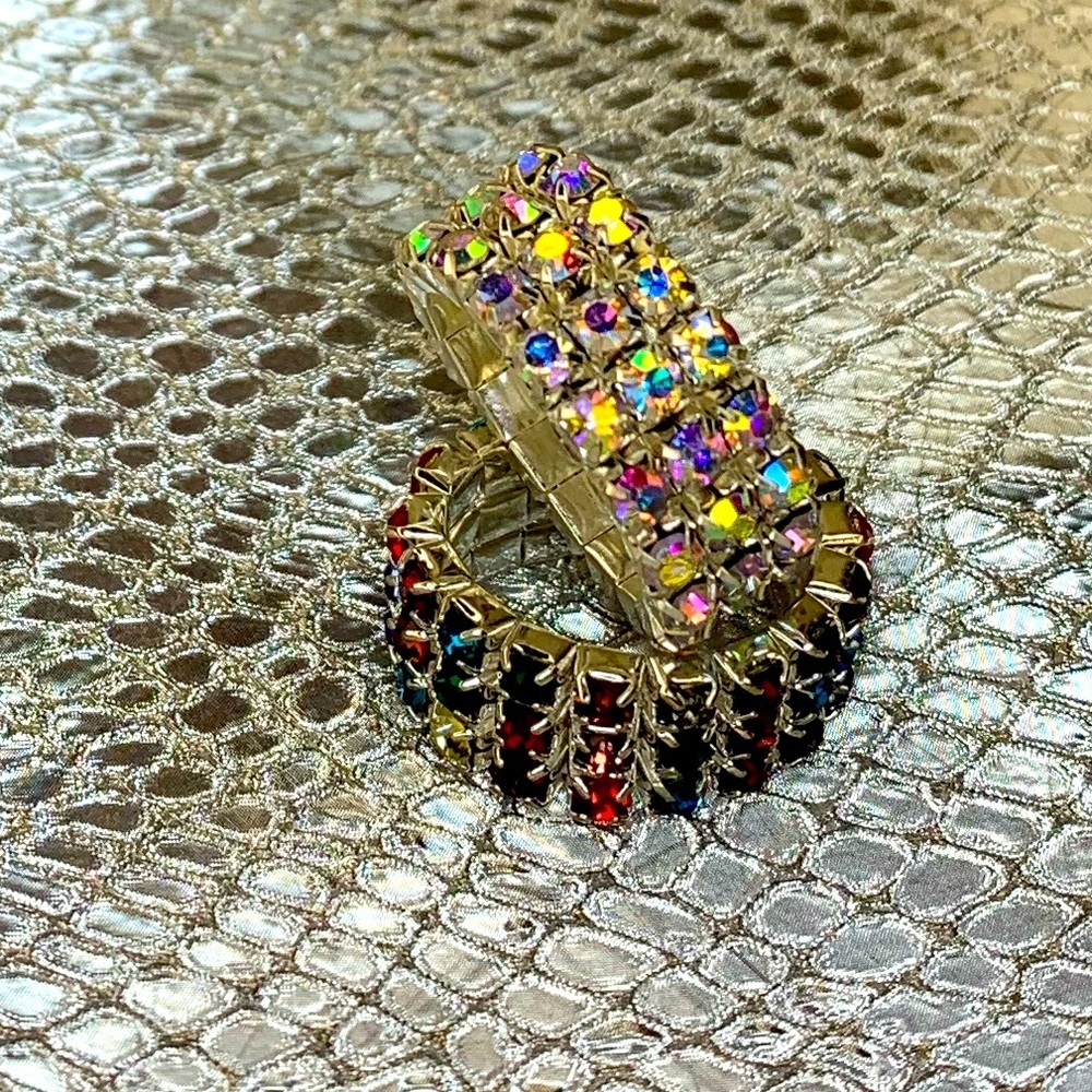 2 CRYSTAL RINGS  3 Row Stretch Clear AB and Multi Color Finger or Toe Rings NEW - Picture 2 of 3